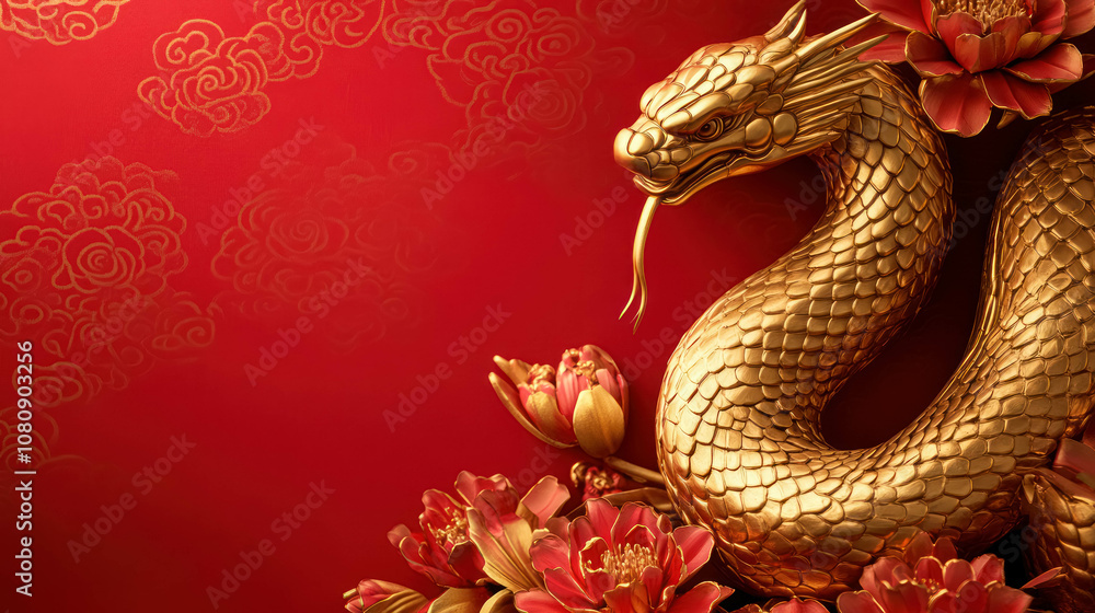 Golden Chinese Snake Statue With Floral And Copy Space Background. Chinese New Year 2025 Celebration Template Golden Chinese Snake Statue With Floral And Copy Space Background. Chinese New Year 2025 Celebration Template