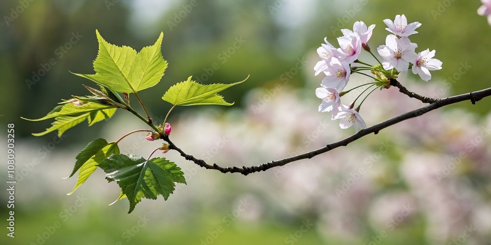 A single leafy branch with blurred flowers in the background, greenery, blossom, organic, foliage, natural scene A single leafy branch with blurred flowers in the background, greenery, blossom, organic, foliage, natural scene