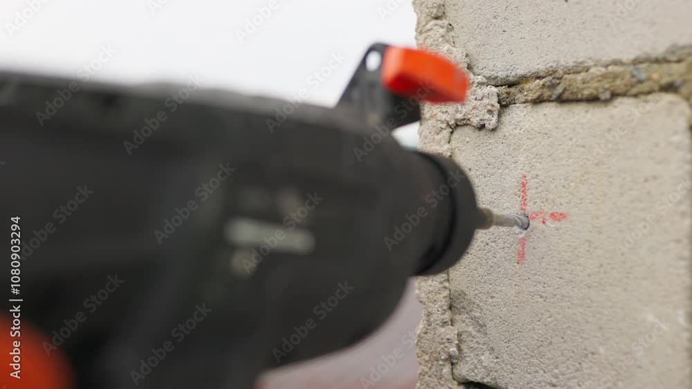 SLOW MOTION,: Builder working uses an electric drill to mount a wall panel. Man drills hole using perforator. Male hands held electric drill with drill bit rotating and making cement dust from wall SLOW MOTION,: Builder working uses an electric drill to mount a wall panel. Man drills hole using perforator. Male hands held electric drill with drill bit rotating and making cement dust from wall