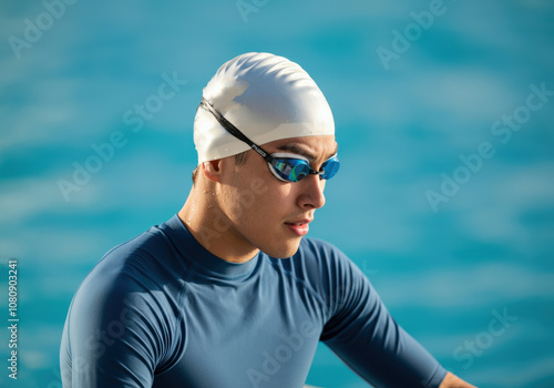 Portrait of a young swimmer with a serious expression, wearing a white swim cap and goggles, looking toward the side, against a blue background.