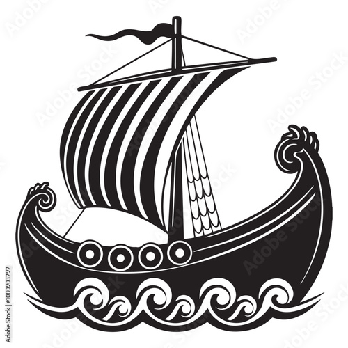 Viking ship sailing vector Silhouette art black color design and solid white background