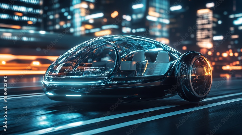 Futuristic self-driving vehicle navigating a neon-lit cityscape at night, showcasing advanced transportation technology and the future of urban mobility Futuristic self-driving vehicle navigating a neon-lit cityscape at night, showcasing advanced transportation technology and the future of urban mobility