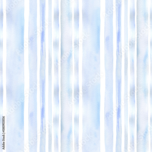 Blue stripes background watercolor. Seamless hand drawn vertical lines pattern for fabric texture, holidays textile, wallpaper, home decor prints