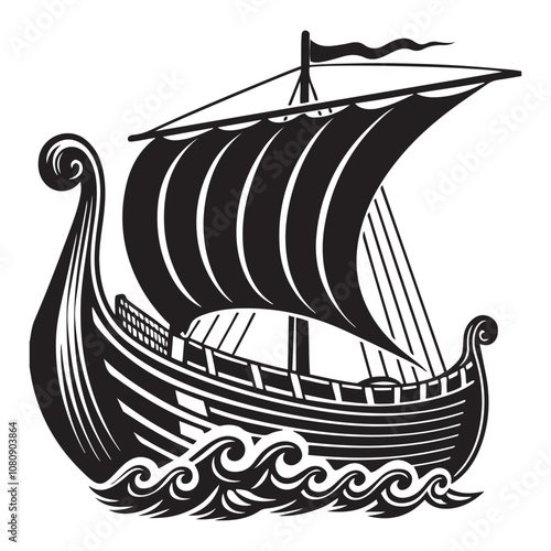 Viking ship sailing vector Silhouette art black color design and solid white background