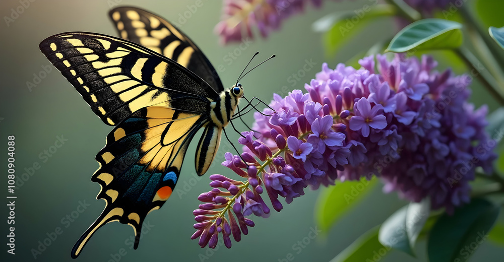 Butterfly feeding on purple flowers nature scene close-up garden beauty Butterfly feeding on purple flowers nature scene close-up garden beauty