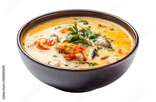 Seafood cream soup in a bowl isolated on a white background