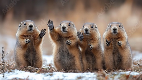 Four groundhogs enthusiastically raise their paws