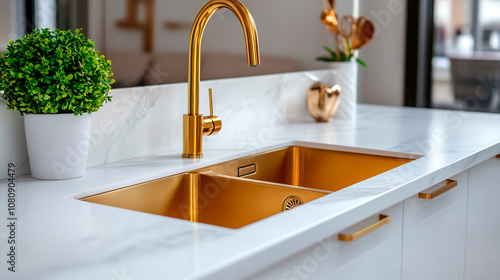 luxury kitchen sink with gold faucet and marble countertop