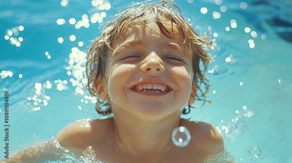 Young boy smiling, surrounded by sparkling water bubbles. Young boy smiling, surrounded by sparkling water bubbles.