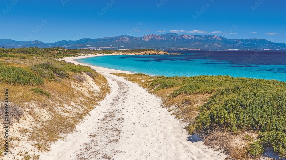 Scenic path to a beach with a distant mountain backdrop.