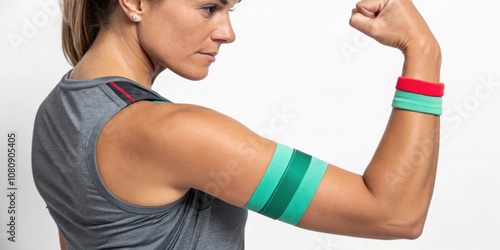 A closeup of the band wrapped around the elbows demonstrating a gentle bicep curl. The image captures the arms movement and the resistance provided by the band highlighting the photo