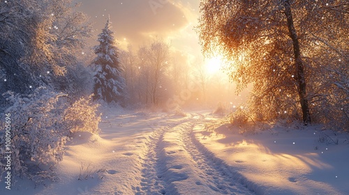 Beautiful, natural, realistic snow scene photos, the snow bathed in sunlight stretches into the distance. 