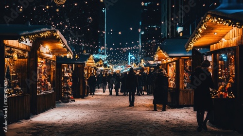 photo of snowy winter market at night, colorful lights, wooden stalls selling Christmas decorations