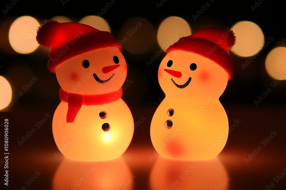 Two snowmen side by side, adorned with scarves and hats, in a winter setting. Two snowmen side by side, adorned with scarves and hats, in a winter setting.
