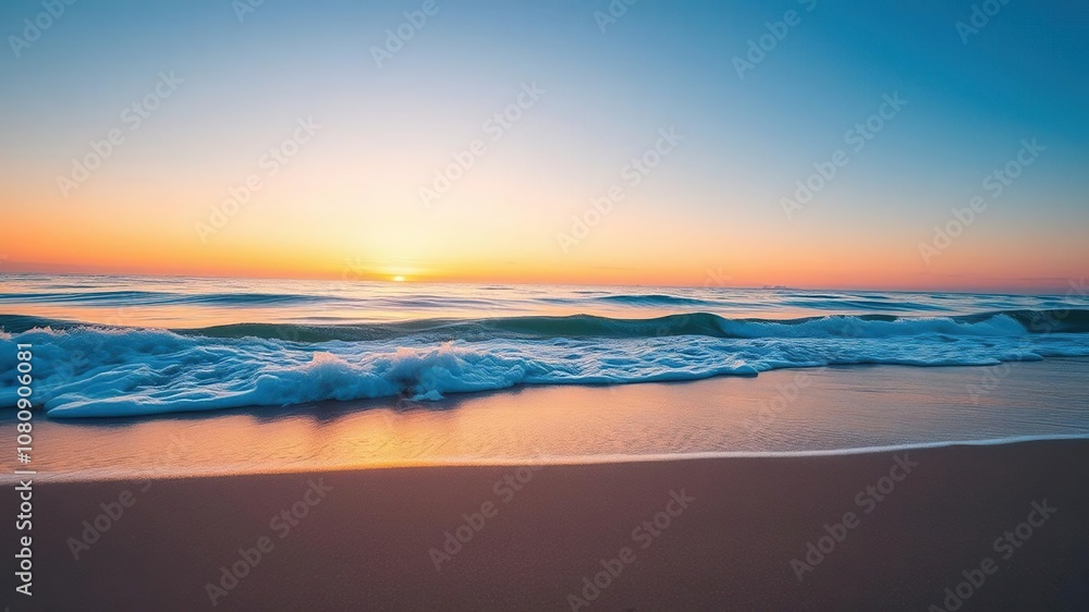 Fototapeta premium A soft blue ocean wave breaks on the shore of a tranquil fine sandy beach at sunset, creating a beautiful and serene scene, calm sea, natural beauty, shoreline