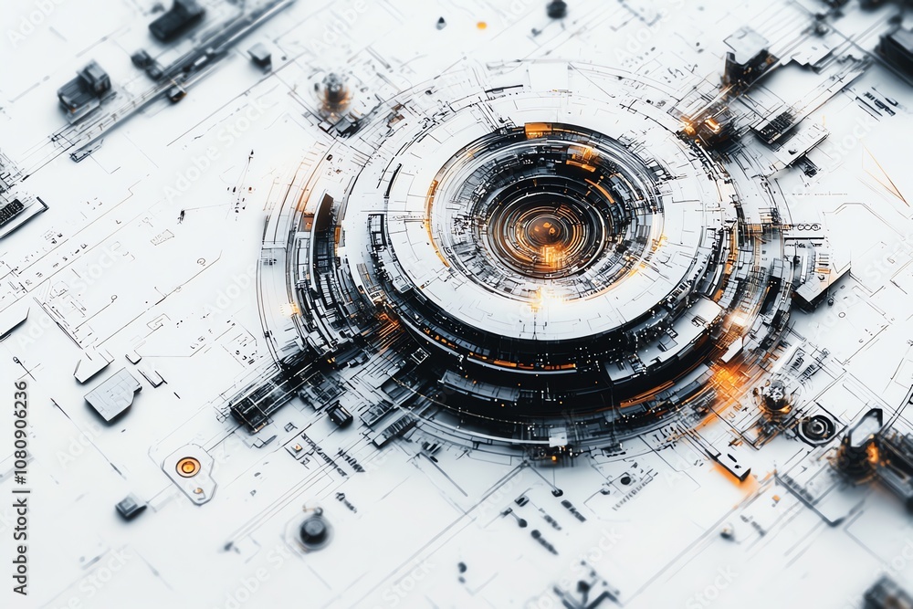 Abstract futuristic technology background with circular design and glowing orange elements. Abstract futuristic technology background with circular design and glowing orange elements.