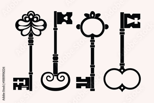 Keys locks and keyholes vector set. Hand drawn silhouette keys. Various vintage, security, antique and modern keys with ornate heads vector illustration isolated on background