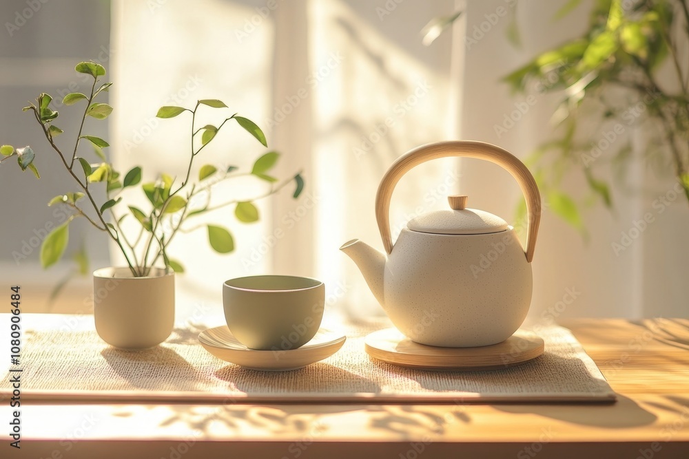 White Teapot and Cup on a Wooden Table with Sunlight Streaming In White Teapot and Cup on a Wooden Table with Sunlight Streaming In
