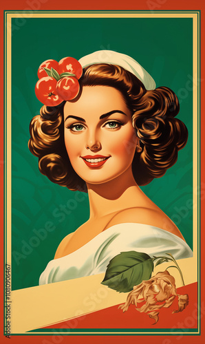 Italia Turrita exemplifies Italian culture, vintage poster charm, and patriotism with Mediterranean beauty, tomatoes, and nationalism symbolizing elegance and pride. photo