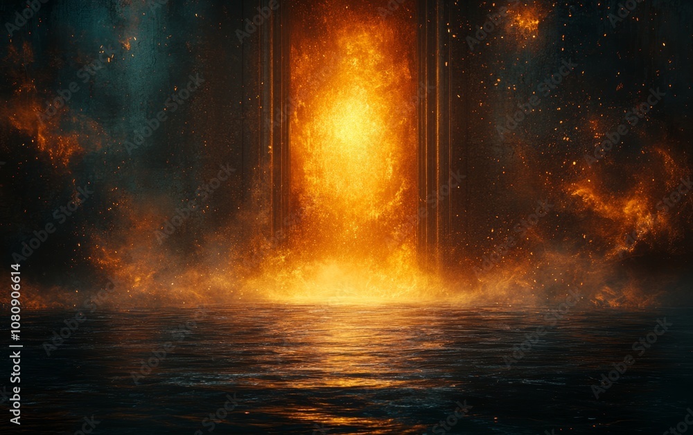 Intense fire blazing in a dark, shadowy room, casting eerie light. Intense fire blazing in a dark, shadowy room, casting eerie light.