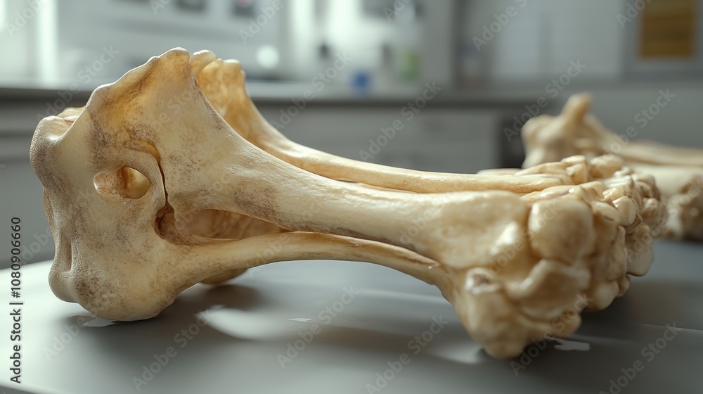Naklejka premium Human femur and tibia bones displayed on a medical examination table, showcasing detailed bone texture and anatomy in a clinical setting, emphasizing their educational significance in human anatomy