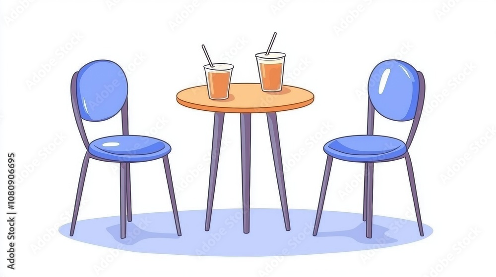 Two light blue chairs surrounding an orange circular table with two refreshing drinks in clear cups, perfect for a cozy cafe or casual dining setting illustration Two light blue chairs surrounding an orange circular table with two refreshing drinks in clear cups, perfect for a cozy cafe or casual dining setting illustration
