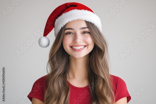 woman in santa hat on white background