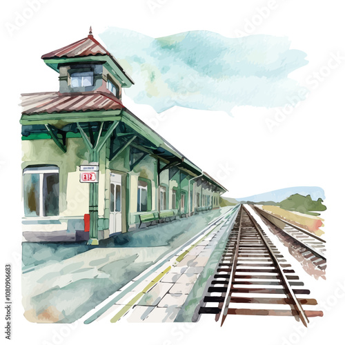 A watercolor painting of a Train Station, isolated on a white background. Train Station vector.