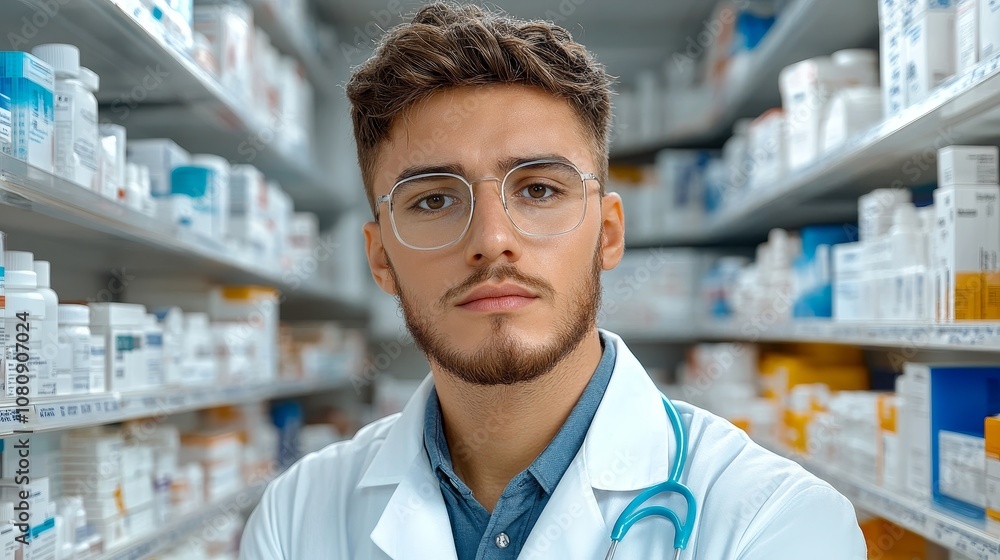 Confident Pharmacist Portrait Medicine Shelves Background Confident Pharmacist Portrait Medicine Shelves Background