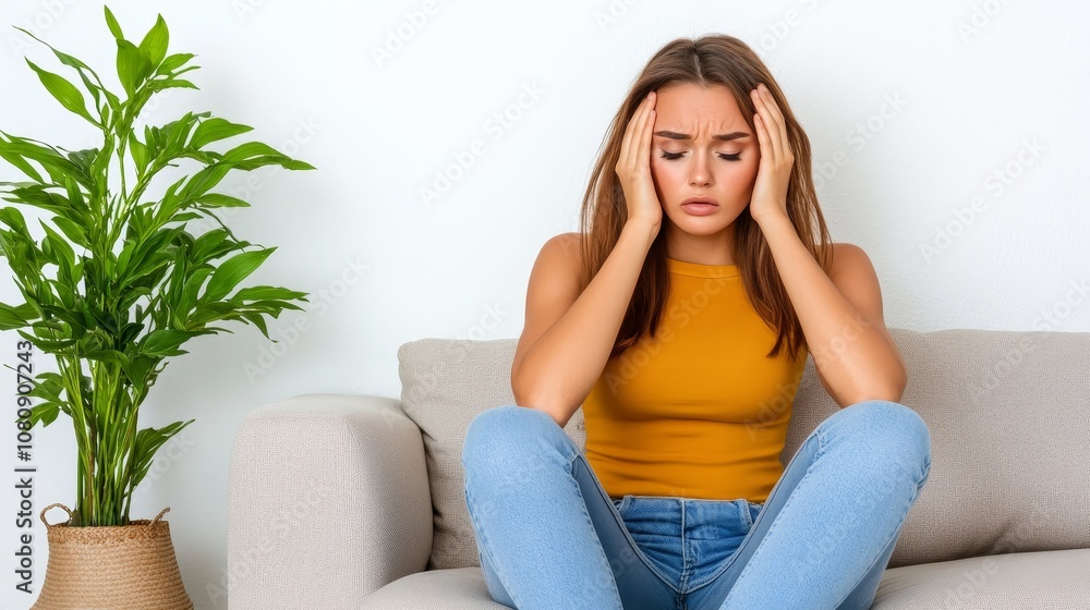 Obraz premium Sad Young Woman Sitting on Sofa Feeling Stressed Headache Depression Mental Health
