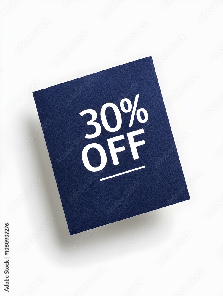 White '30% OFF' Text on a Navy Blue Square Paper Note. White Background White '30% OFF' Text on a Navy Blue Square Paper Note. White Background