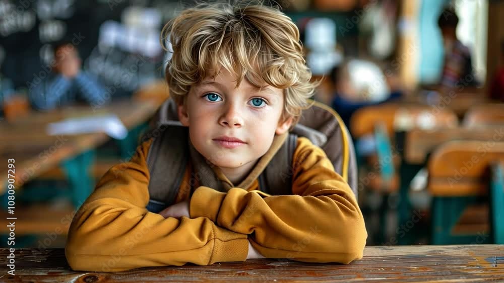 In a vibrant classroom, a young boy rests his arms on a wooden desk, gazing gently with blue eyes while surrounded by classmates engaged in their activities. In a vibrant classroom, a young boy rests his arms on a wooden desk, gazing gently with blue eyes while surrounded by classmates engaged in their activities.