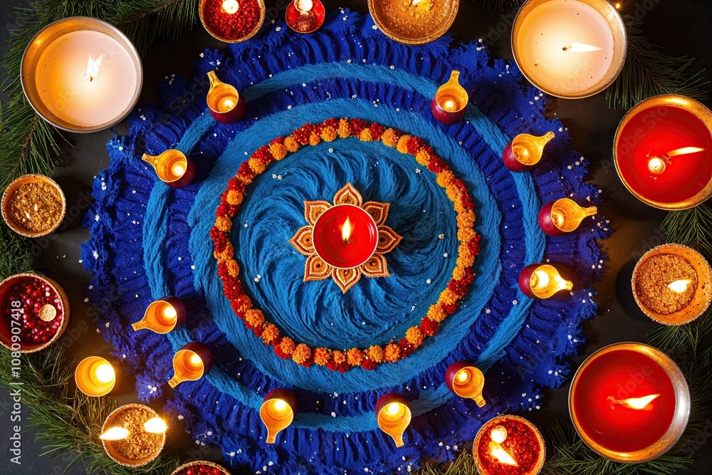 Overhead Shot of Festive Blue Rangoli with Sparkling Diyas Celebrating Cultural Symbols and Traditions Overhead Shot of Festive Blue Rangoli with Sparkling Diyas Celebrating Cultural Symbols and Traditions