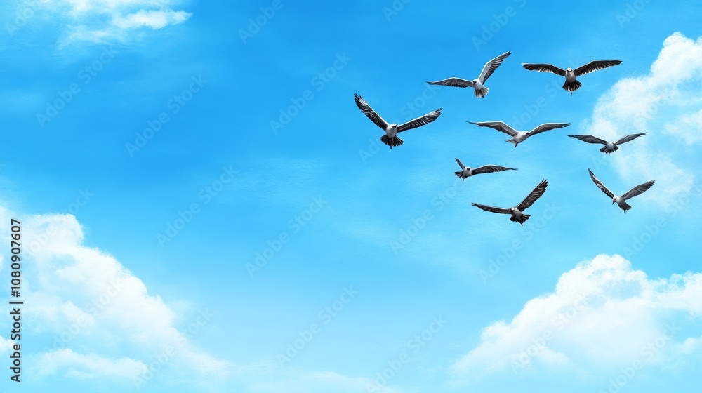 Fototapeta premium Birds Soaring in Blue Sky with Clouds Freedom Nature Flight
