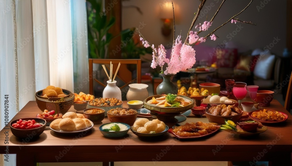 Delectable Spread of Traditional Spring Holiday Foods, Captured with No People for a Focus on Festive Cuisine and Table Arrangements in a Cozy Interior Setting Delectable Spread of Traditional Spring Holiday Foods, Captured with No People for a Focus on Festive Cuisine and Table Arrangements in a Cozy Interior Setting