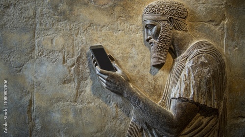 Photomontage of an ancient mesopotamian king, carved in bas-relief on a stone wall, looking and using a modern smartphone photo