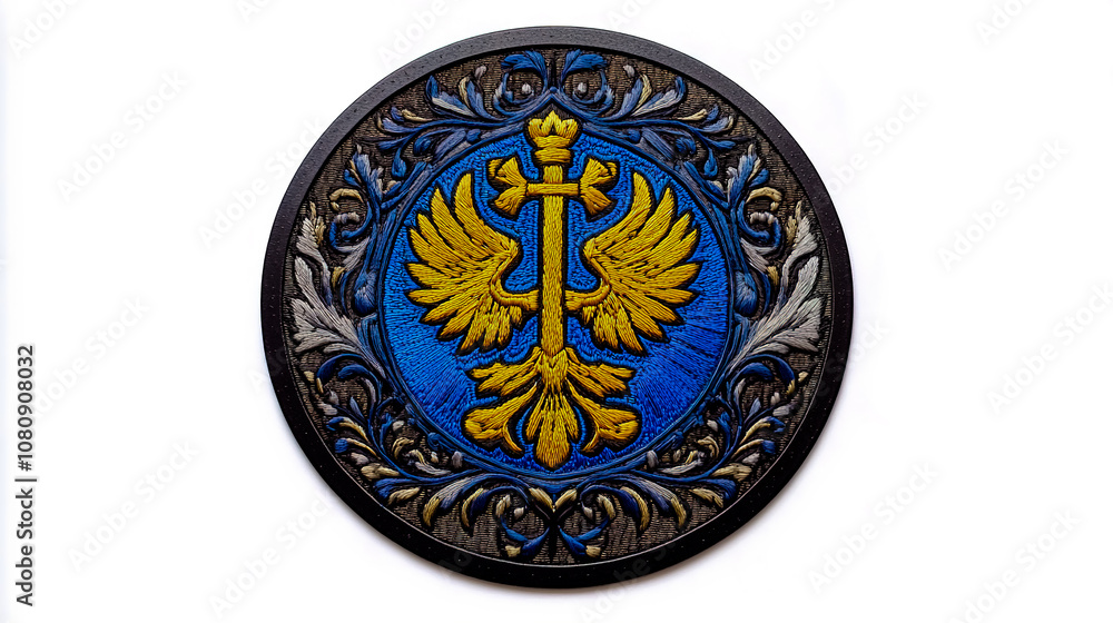 Fototapeta premium A circular patch design featuring the Ukrainian coat of arms, with intricate detailing suitable for embroidery.