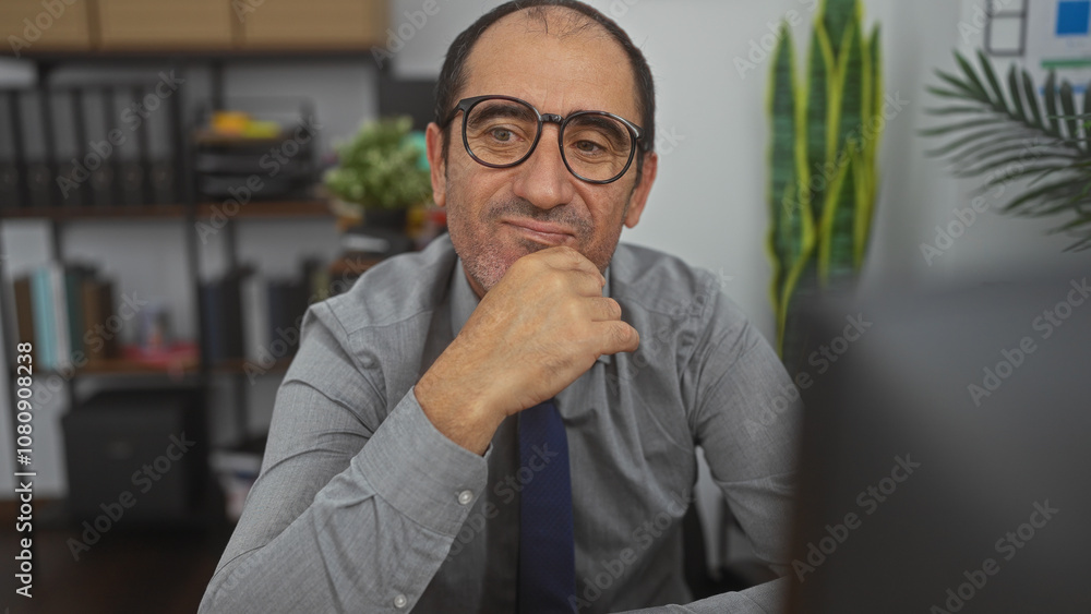Mature hispanic man thoughtfully sits in an office, creating a contemplative atmosphere in an indoor workplace environment. Mature hispanic man thoughtfully sits in an office, creating a contemplative atmosphere in an indoor workplace environment.