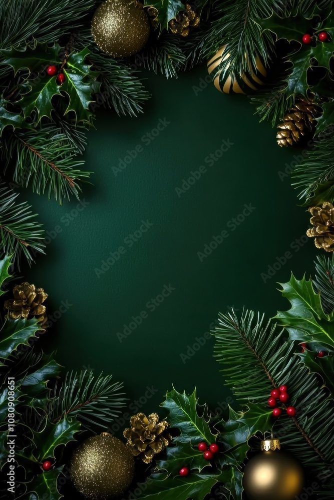 A festive arrangement of pine branches, red berries, and golden ornaments, creating a beautiful holiday-themed frame. A festive arrangement of pine branches, red berries, and golden ornaments, creating a beautiful holiday-themed frame.