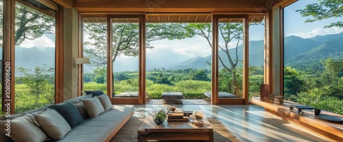 Modern Living Room with Expansive Mountain Views Through Glass Doors