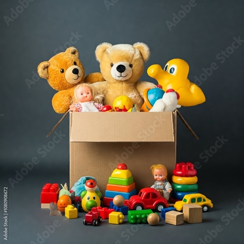 Wallpaper Mural  cardboard box filled with children's toys, including a plush teddy bear, dolls, colorful building blocks, and books, symbolizing joy and play. Dark, neutral background. Torontodigital.ca