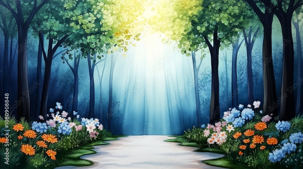 Fototapeta premium Magical Forest Path Sunlit Watercolor Painting of Nature