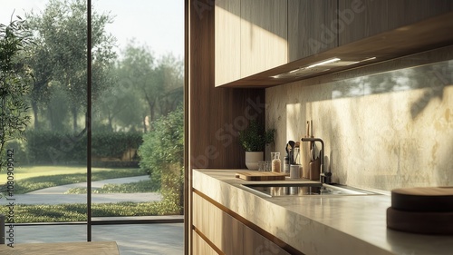 A modern kitchen featuring sleek cabinetry and natural light  overlooking a serene outdoor landscape with greenery.