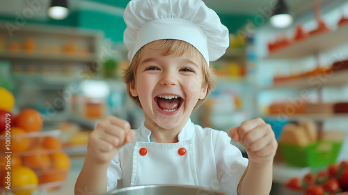 Delightful young chef enthusiastically stirs a pot in a playful toy kitchen set capturing the joy of cooking for kids photo