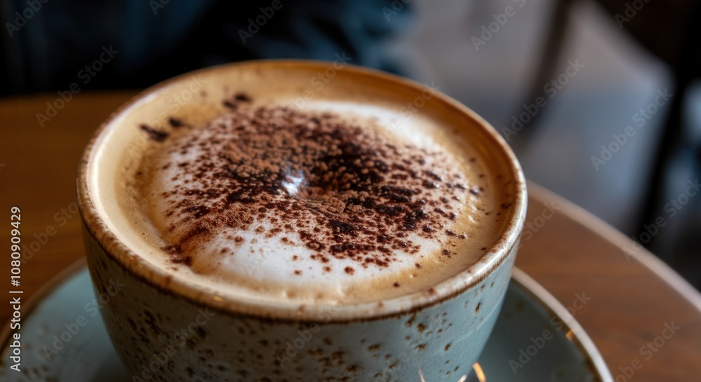 Obraz premium Warm cappuccino with frothy foam in ceramic cup at cozy cafe