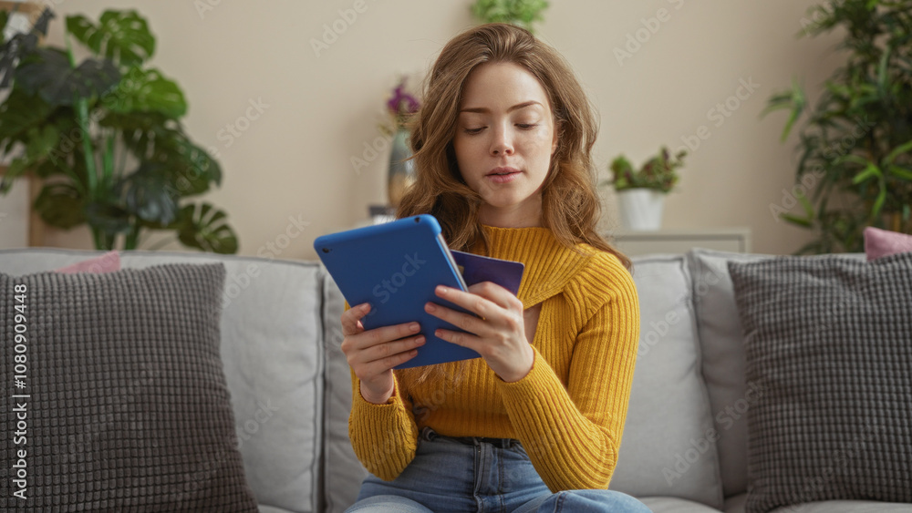 A young blonde woman sits in her living room holding a tablet and a credit card, dressed in a yellow sweater, looking focused while surrounded by houseplants and cozy decor. A young blonde woman sits in her living room holding a tablet and a credit card, dressed in a yellow sweater, looking focused while surrounded by houseplants and cozy decor.