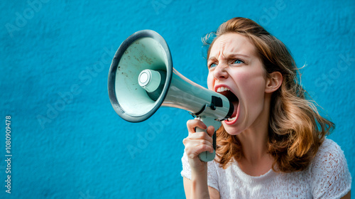 Young woman is screaming in megaphone, blue background