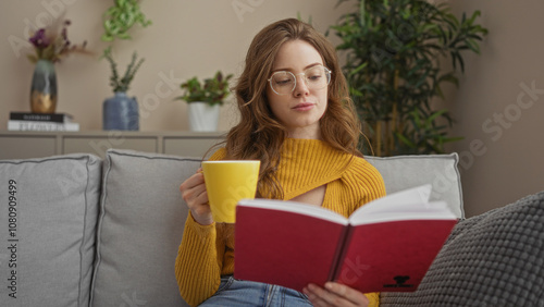 A young blonde caucasian woman wearing glasses and a yellow sweater reads a book while holding a yellow mug in a cozy living room with indoor plants and modern decor.