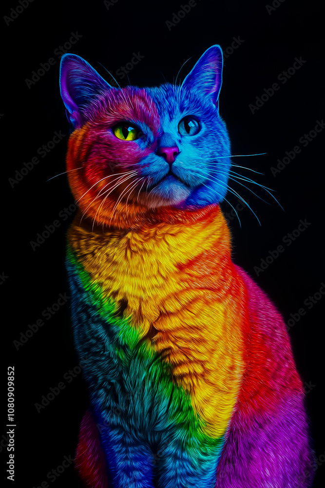 Cat with a vibrant, rainbow-colored coat, showcasing all the colors of the spectrum in highly saturated, brilliant hues. Cat with a vibrant, rainbow-colored coat, showcasing all the colors of the spectrum in highly saturated, brilliant hues.