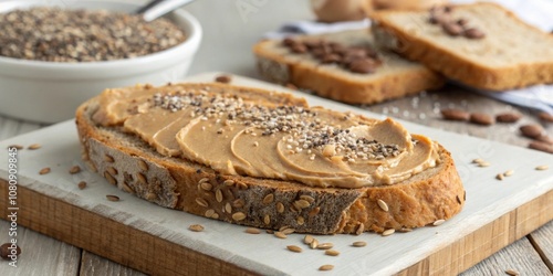 A hearty slice of wholegrain bread spread with almond butter with flaxseeds and chia seeds generously sprinkled over the top.